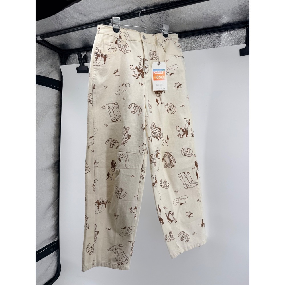 Cali 1850 Western Cowboy Print Straight Leg Jeans Cream Brown Size 5 NWT